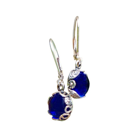Recycled Vintage 1960's Cobalt Noxzema Jar Sterling Botanical Lever back Earring - Picture 1 of 5